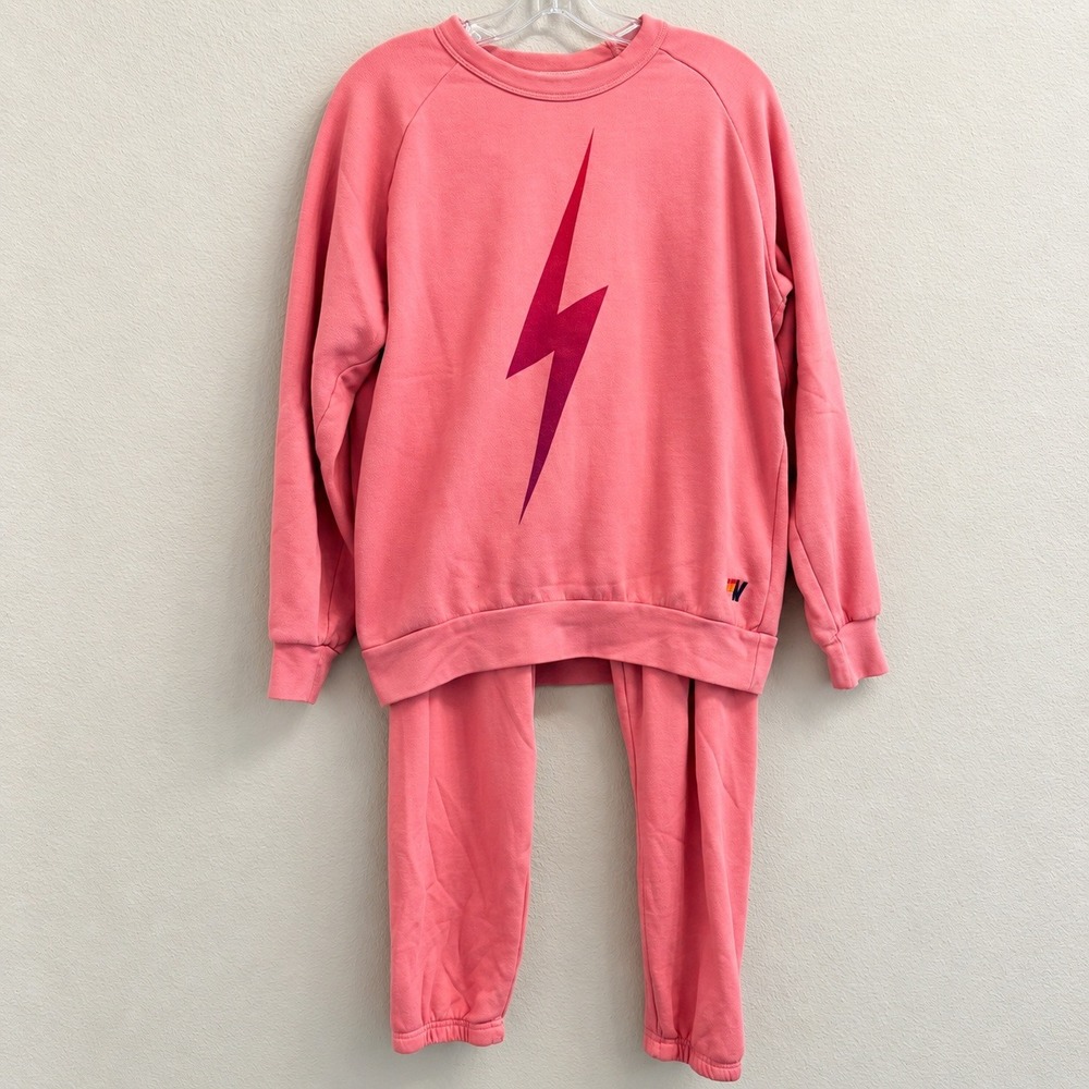 Aviator Nation Bolt Crew Sweatshirt Sweatpants Set Pink Lightning Size Medium